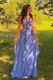 Pretty Halter Illusion Empire Ruffle Chiffon Long Party Prom Dress