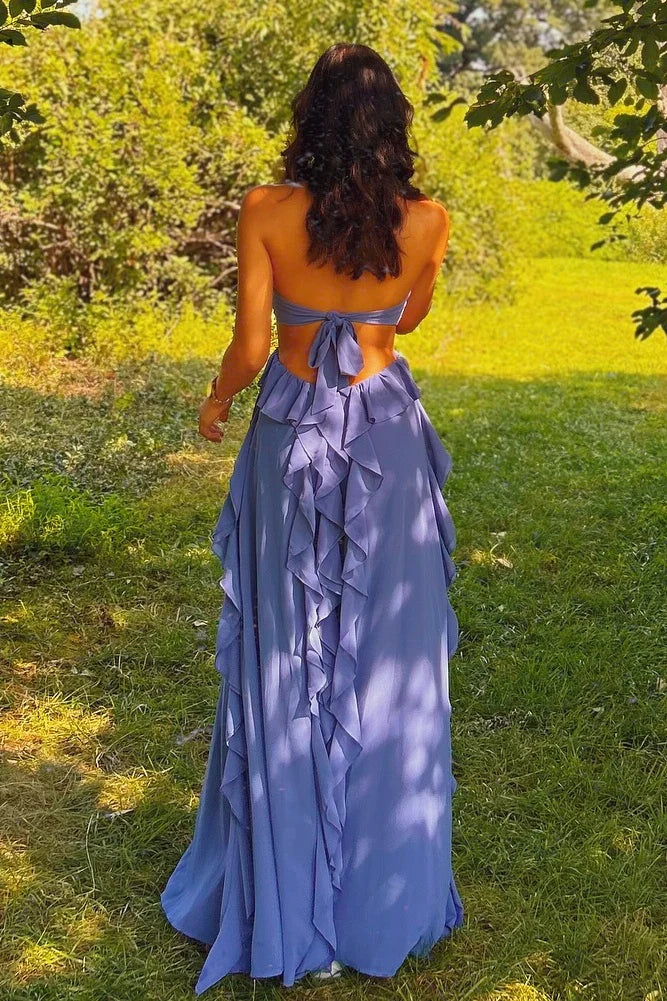 Pretty Halter Illusion Empire Ruffle Chiffon Long Party Prom Dress