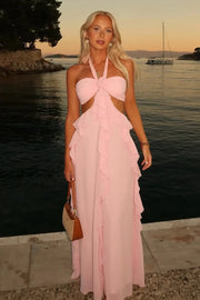 Pretty Halter Illusion Empire Ruffle Chiffon Long Party Prom Dress