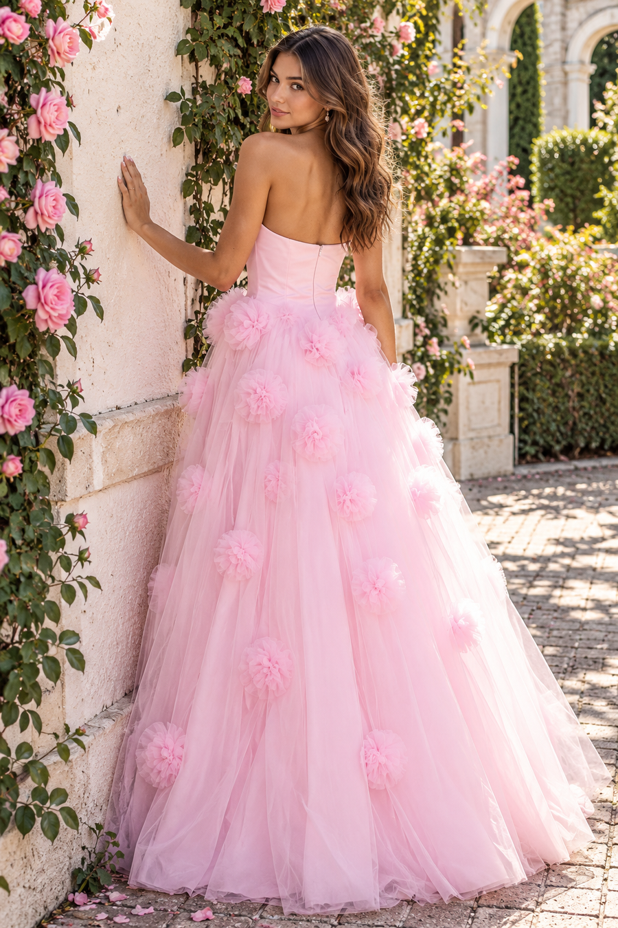 Pretty Pink A-Line Empire Strapless 3D Floral Party Prom Dress