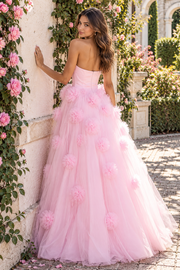Pretty Pink A-Line Empire Strapless 3D Floral Party Prom Dress