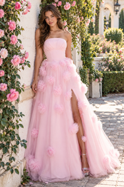 Pretty Pink A-Line Empire Strapless 3D Floral Party Prom Dress