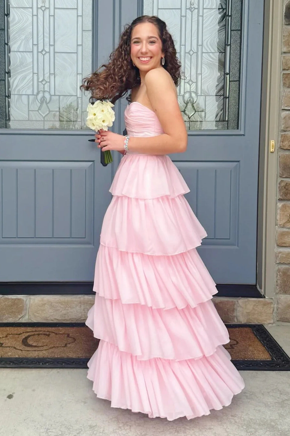 Pretty Pink A-Line Empire Strapless Tiered Maxi Party Prom Dress