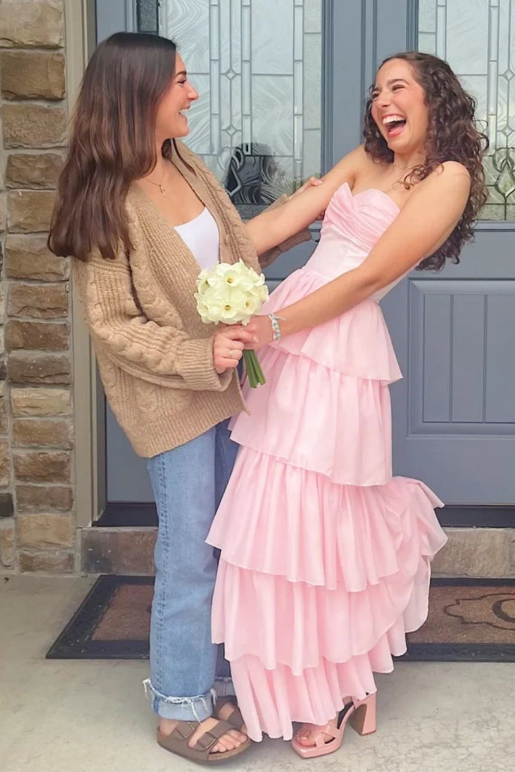 Pretty Pink A-Line Empire Strapless Tiered Maxi Party Prom Dress