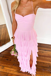 Pretty Pink A-Line Sleeveless Lace Up Tiered Chiffon Party Prom Dress