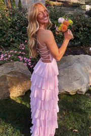 Pretty Pink A-Line Sleeveless Lace Up Tiered Chiffon Party Prom Dress