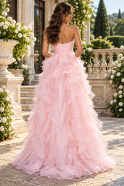 Pretty Pink A-Line Sleeveless Ruffle Tulle Maxi Party Prom Dress With Slit
