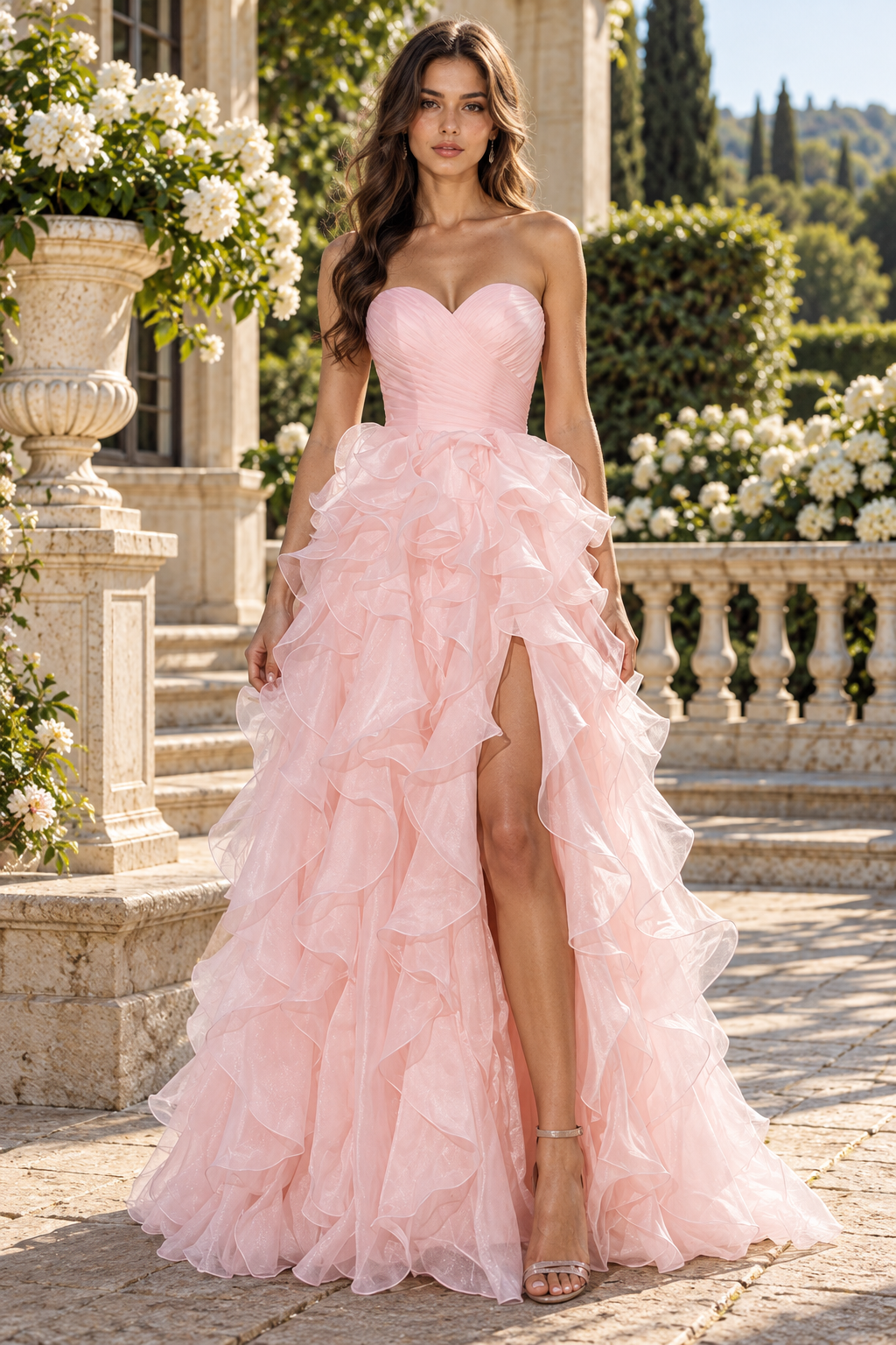 Pretty Pink A-Line Sleeveless Ruffle Tulle Maxi Party Prom Dress With Slit