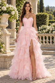 Pretty Pink A-Line Sleeveless Ruffle Tulle Maxi Party Prom Dress With Slit