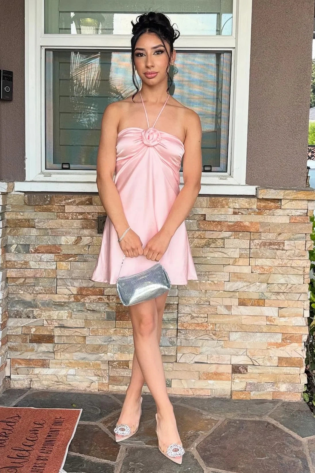 Pretty Pink Halter Sleeveless Satin A-Line Mini Homecoming Party Dress