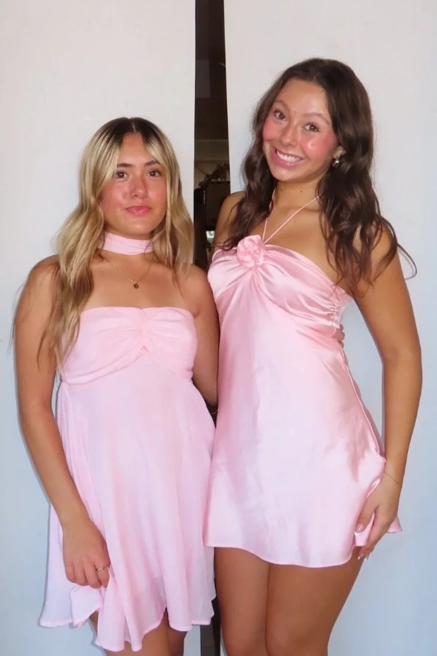 Pretty Pink Halter Sleeveless Satin A-Line Mini Homecoming Party Dress
