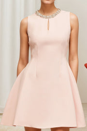 Pretty Pink Satin A-Line High Neck Sleeveless Short Cocktail Party Dress