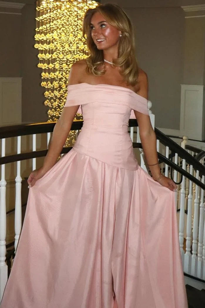 Pretty Pink Satin A-Line Off-Shoulder Sleeveless Party Prom Dress