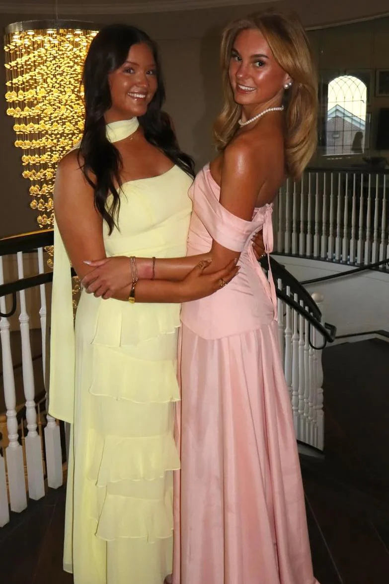 Pretty Pink Satin A-Line Off-Shoulder Sleeveless Party Prom Dress