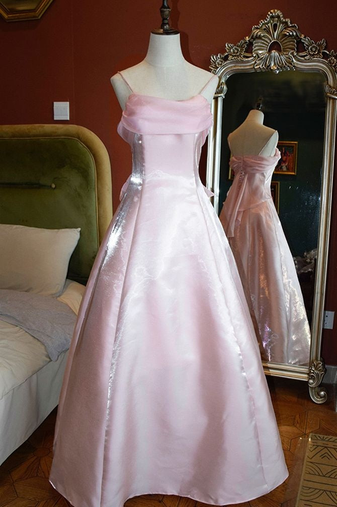 Pretty Pink Satin A-Line Spaghetti Straps Party Prom Dress