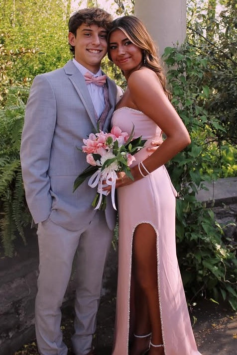 Pretty Pink Satin Mermaid Sweetheart Strapless Split Party Prom Dress