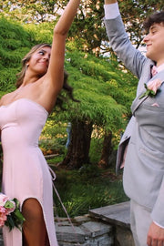 Pretty Pink Satin Mermaid Sweetheart Strapless Split Party Prom Dress