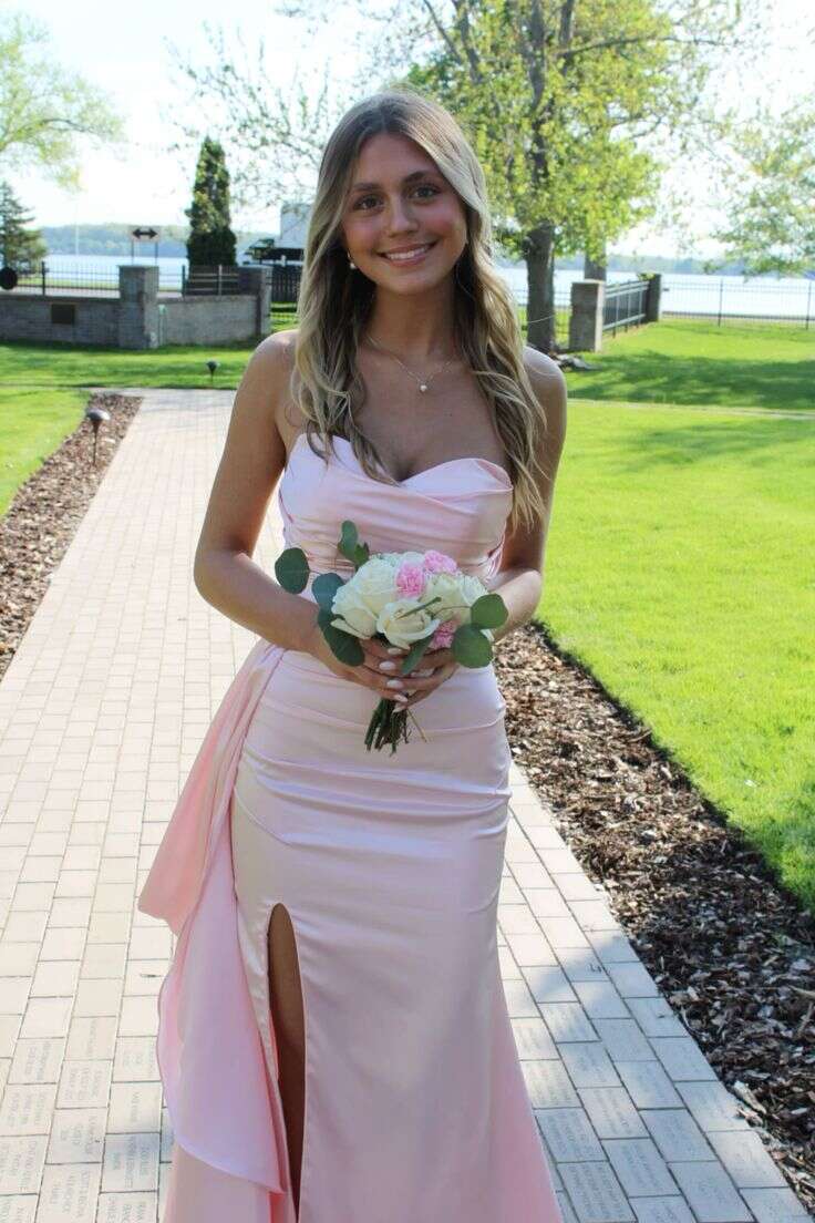 Pretty Pink Satin Prom Party Dress With Side Slit And Train