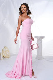 Pretty Pink Satin Strapless Party Evening Dress With Lace Slit 