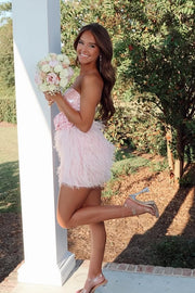 Pretty Pink Strapless Sequin And Feather Party Homecoming Dress