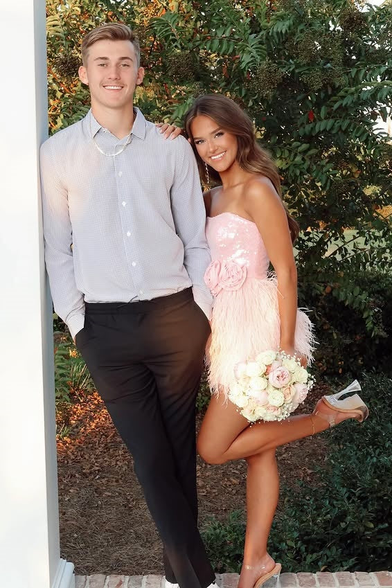 Pretty Pink Strapless Sequin And Feather Party Homecoming Dress