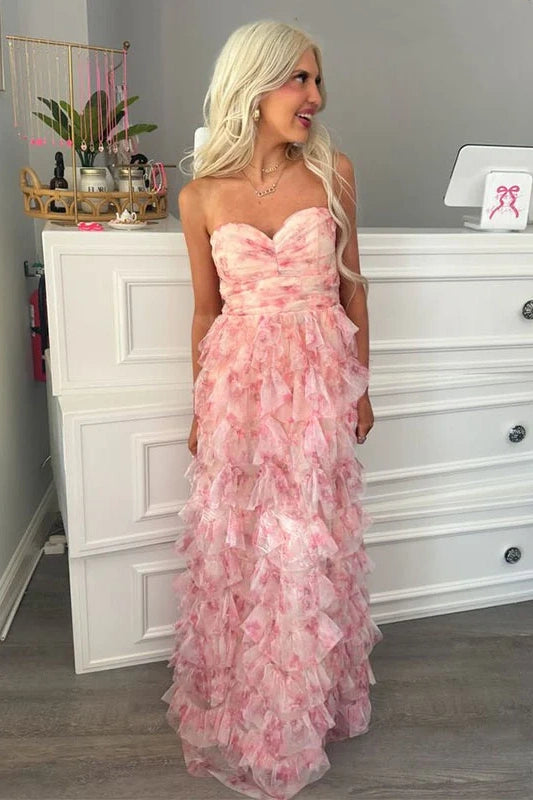 Pretty Pink Sweetheart Chiffon A-Line Floral Tiered Prom Party Dress