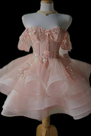 Pretty Pink Sweetheart Off-Shoulder Sparkly Tiered Tulle A-Line Homecoming Dress