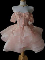 Pretty Pink Sweetheart Off-Shoulder Sparkly Tiered Tulle A-Line Homecoming Dress