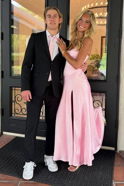 Pretty Pink Sweetheart Strapless A-Line Leg Slit Satin Prom Dress