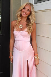 Pretty Pink Sweetheart Strapless A-Line Leg Slit Satin Prom Dress