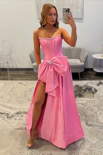 Pretty Satin A-Line Strapless Party Prom Dress With Pearls And Bow