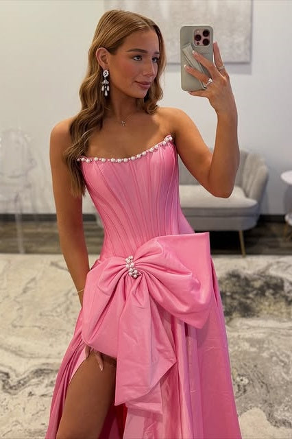 Pretty Satin A-Line Strapless Party Prom Dress With Pearls And Bow
