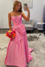 Pretty Satin A-Line Strapless Party Prom Dress With Pearls And Bow