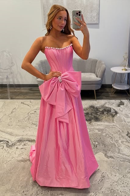 Pretty Satin A-Line Strapless Party Prom Dress With Pearls And Bow