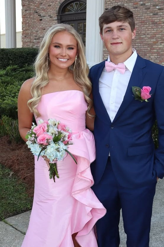 Pretty Satin Strapless Ruffle Split Party Prom Dress With Train