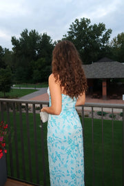Pretty Strapless Blue Floral Fitted Long Party Prom Dress