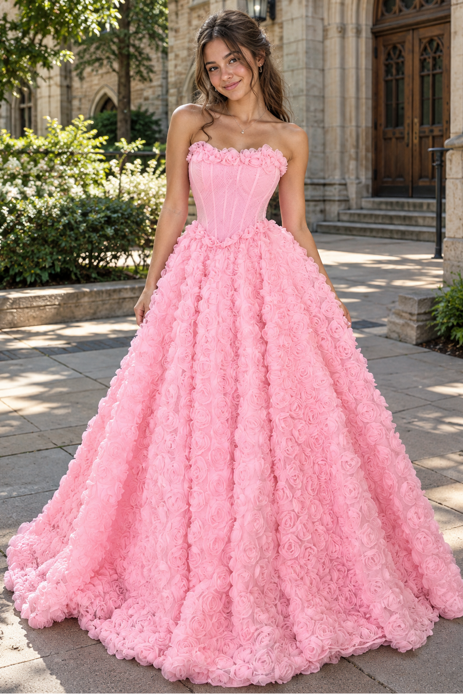 Pretty Strapless Empire 3D Floral A-Line Long Formal Party Prom Dress