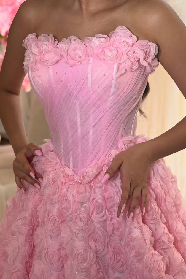 Pretty Strapless Empire 3D Floral A-Line Long Formal Party Prom Dress