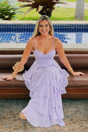 Pretty Sweetheart Spaghetti Straps Chiffon A-Line Tiered Party Prom Dress 