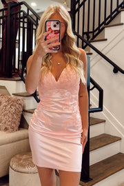 Pretty V-Neck Backless Lace Appliques Satin Bodycon Homecoming Dress