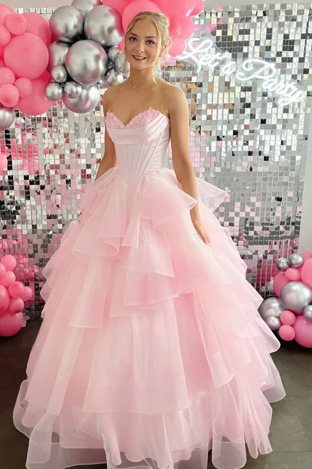 Princess Tiered A-Line Satin And Tulle Formal Party Prom Dress