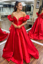 Puff Off-Shoulder Satin A-Line With Slit Prom Dress