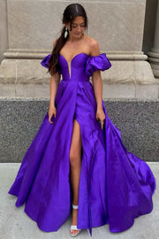 Puff Off-Shoulder Satin A-Line With Slit Prom Dress