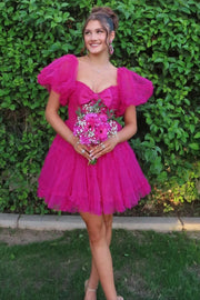 Puff Sleeves A-Line Empire Tulle Short Party Homecoming Dress