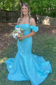 Puff Sleeves Mermaid Satin Empire Party Prom Dress With Train