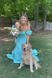 Puff Sleeves Mermaid Satin Empire Party Prom Dress With Train