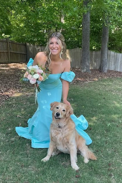 Puff Sleeves Mermaid Satin Empire Party Prom Dress With Train