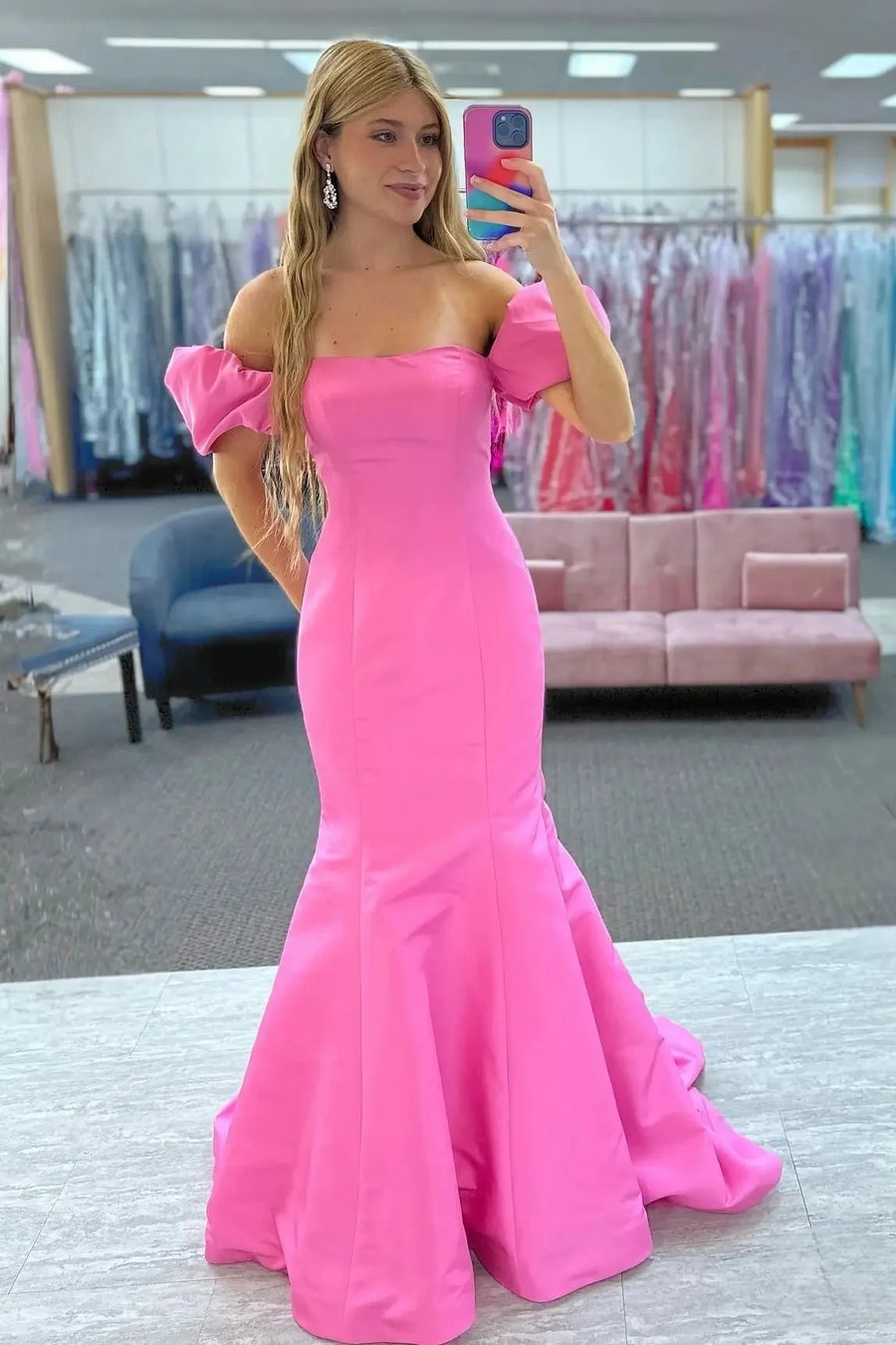Puff Sleeves Mermaid Satin Empire Party Prom Dress With Train