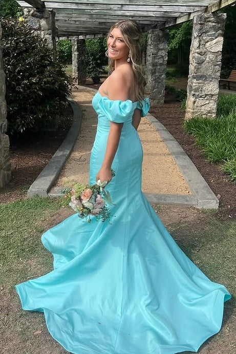 Puff Sleeves Mermaid Satin Empire Party Prom Dress With Train