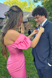 Puff Sleeves Mermaid Satin Empire Party Prom Dress With Train